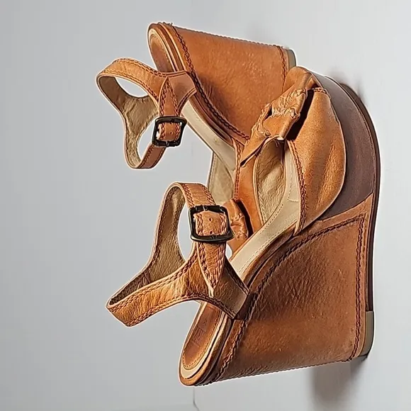 Frye Alexa Bow Wedges Sandal Shoe Platform Adjustable Open Toe Brown Leather 6.5