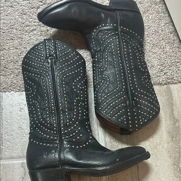 Frye Black Studded Cowboy Boots