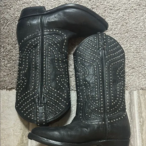 Frye Black Studded Cowboy Boots