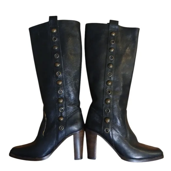 FRYE Black Studded Knee High Boots Women's Tall Heeled Leather Boots size 7