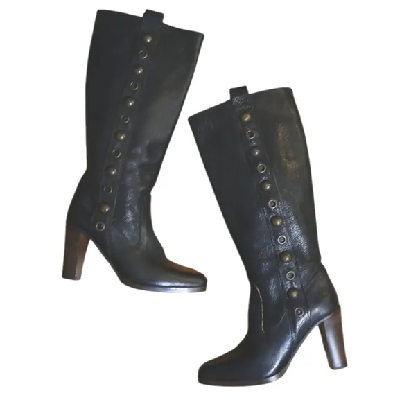 FRYE Black Studded Knee High Boots Women's Tall Heeled Leather Boots size 7