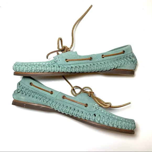 Frye Boat Shoe ‘Quincy’ Suede Leather Moccasin Seafoam Green Preppy Size 10 NEW