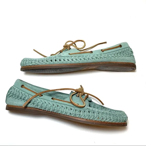 Frye Boat Shoe ‘Quincy’ Suede Leather Moccasin Seafoam Green Preppy Size 10 NEW