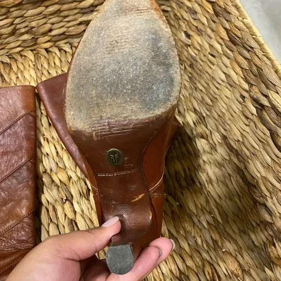 Frye brown leather cognac patchwork heeled boots size 6