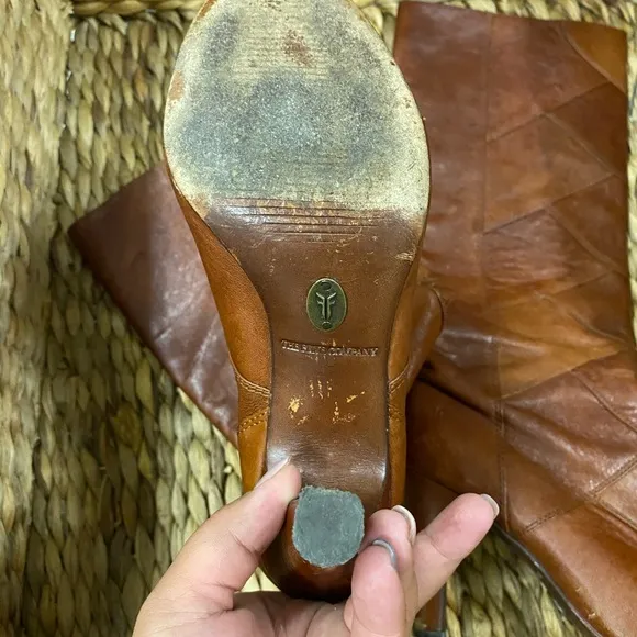 Frye brown leather cognac patchwork heeled boots size 6