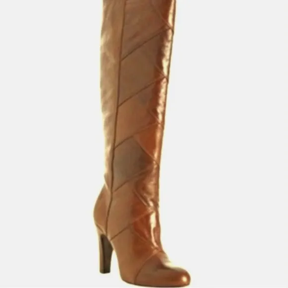 Frye brown leather cognac patchwork heeled boots size 6