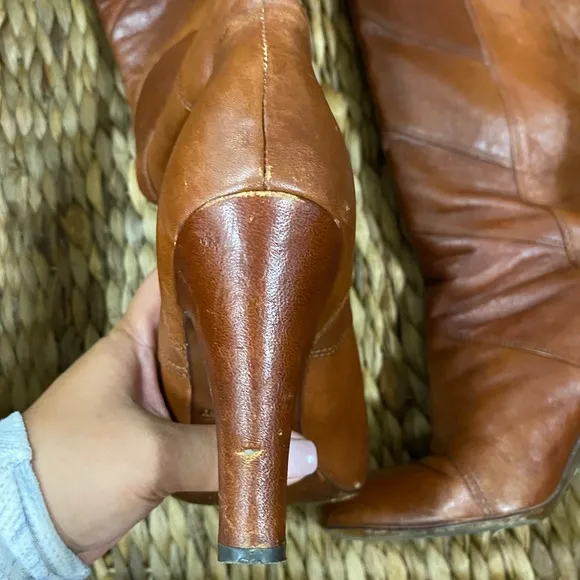 Frye brown leather cognac patchwork heeled boots size 6