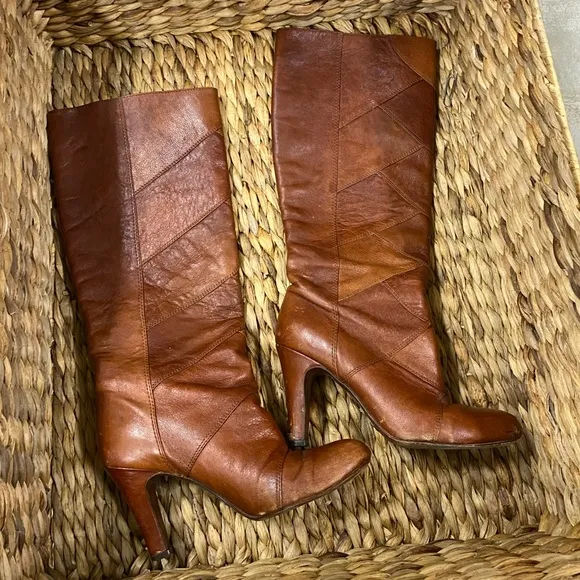 Frye brown leather cognac patchwork heeled boots size 6