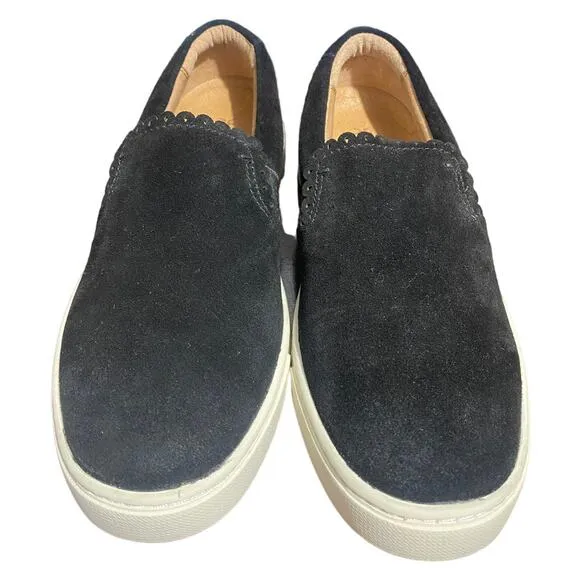 Frye Ivy black suede scalloped slip on boat style shoes women's 6