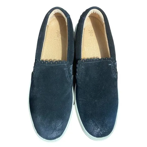 Frye Ivy black suede scalloped slip on boat style shoes women's 6