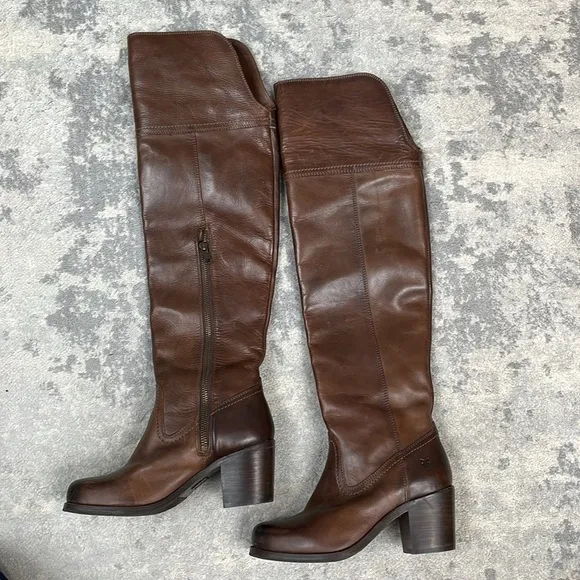 Frye Kendall Distressed Over The Knee Riding Boots Brown Leather Heeled Sz 5.5