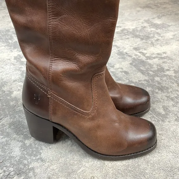 Frye Kendall Distressed Over The Knee Riding Boots Brown Leather Heeled Sz 5.5