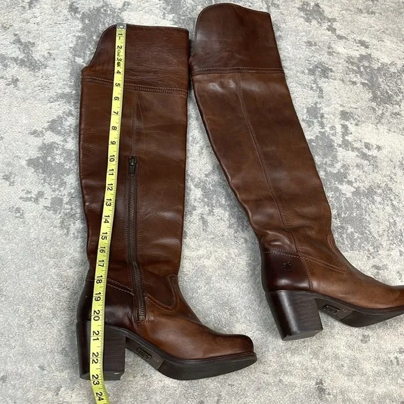 Frye Kendall Distressed Over The Knee Riding Boots Brown Leather Heeled Sz 5.5