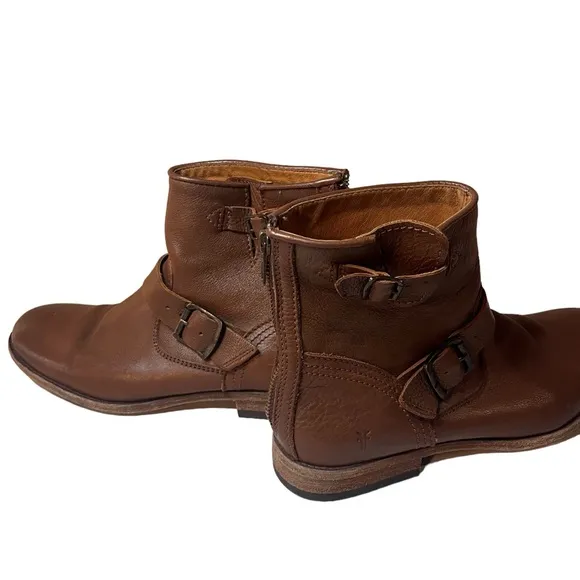 Frye Leather Ankle Boots Back Zip and Buckle Biker Boots
