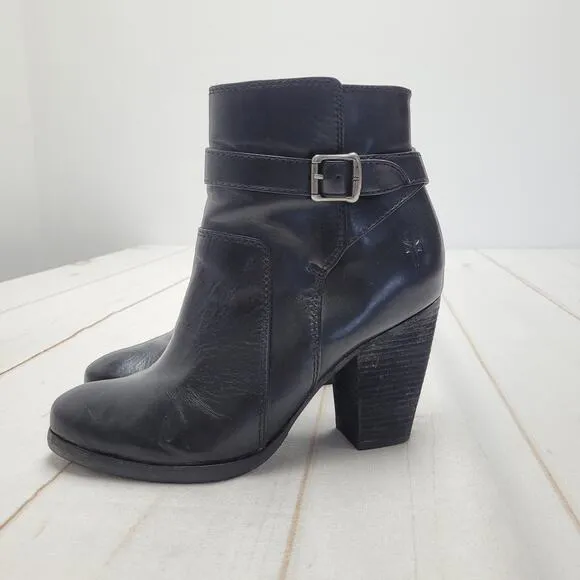 Frye Patty riding boots black leather heeled buckle booties