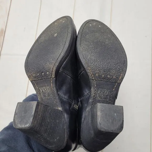 Frye Patty riding boots black leather heeled buckle booties
