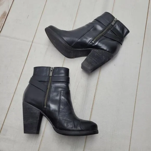 Frye Patty riding boots black leather heeled buckle booties