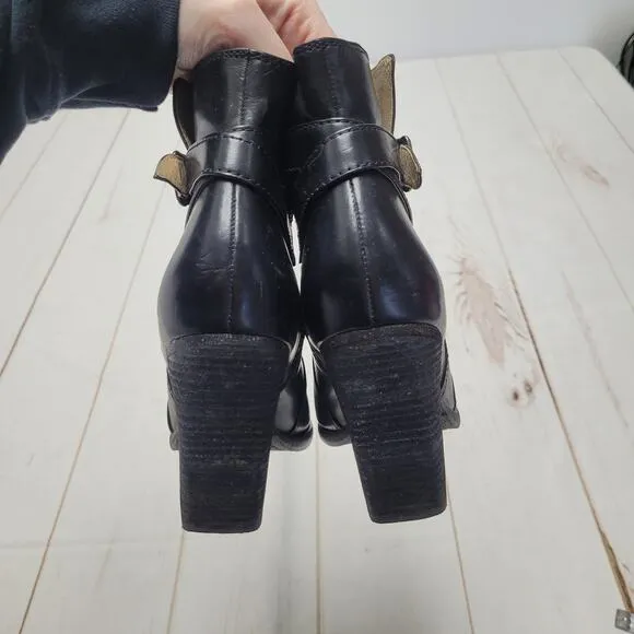Frye Patty riding boots black leather heeled buckle booties