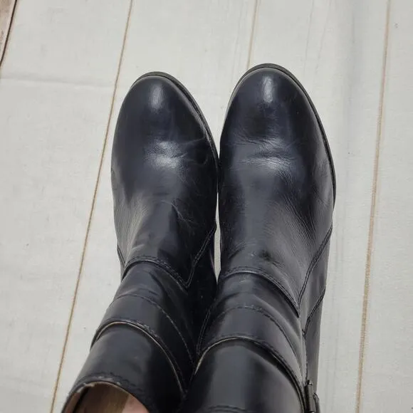Frye Patty riding boots black leather heeled buckle booties