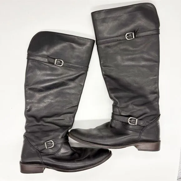 Frye Shirley Equestrian Riding Boots Size 8 Black Leather Knee High Casual Flat