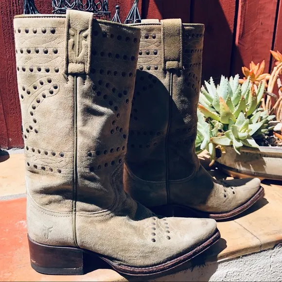 Frye Suede Studded Pointy Boots Size 6.5 Color Sage Green