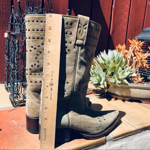 Frye Suede Studded Pointy Boots Size 6.5 Color Sage Green