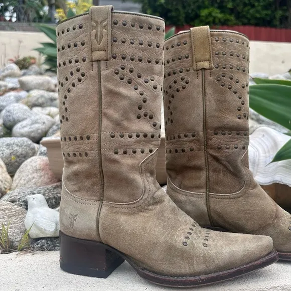 Frye Suede Studded Pointy Boots Size 6.5 Color Sage Green