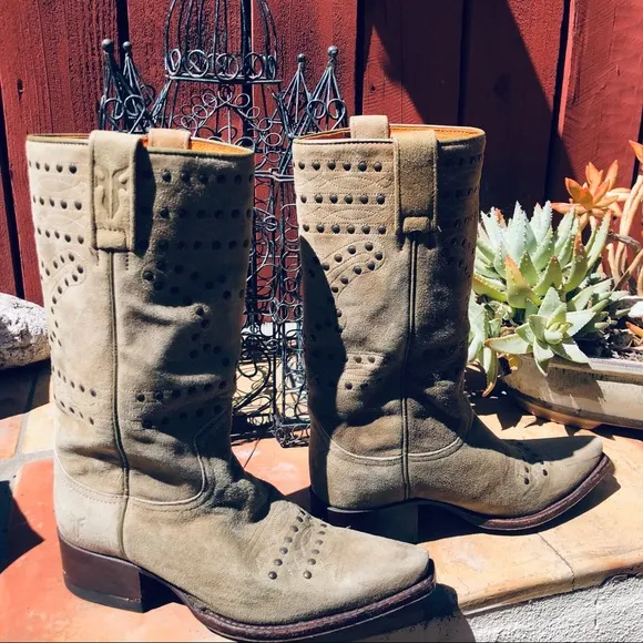 Frye Suede Studded Pointy Boots Size 6.5 Color Sage Green