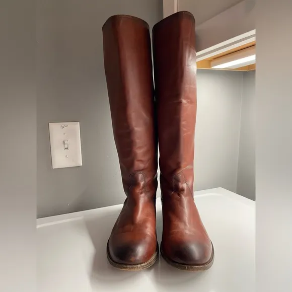FRYE Women's Melissa Button Back Zip Brown Leather Knee-High Tall Boots Size 10
