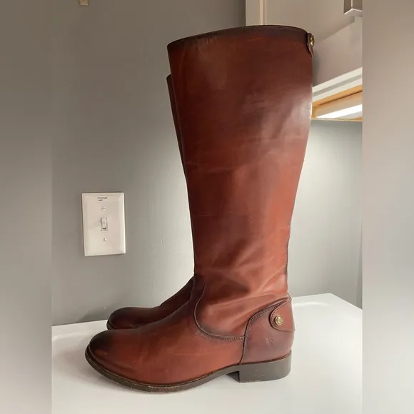 FRYE Women's Melissa Button Back Zip Brown Leather Knee-High Tall Boots Size 10