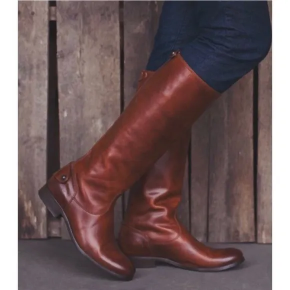 FRYE Women's Melissa Button Back Zip Brown Leather Knee-High Tall Boots Size 10
