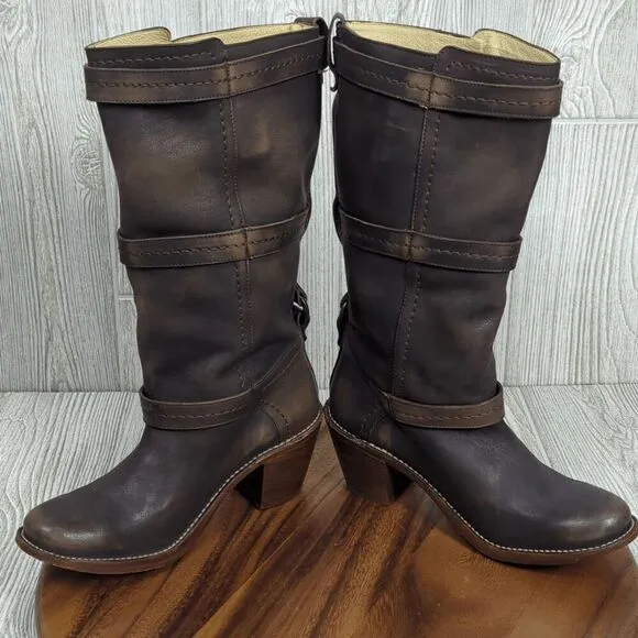 Frye Women’s 9B Western Genuine Leather 3 Strap Heeled Boots Made in Mexico