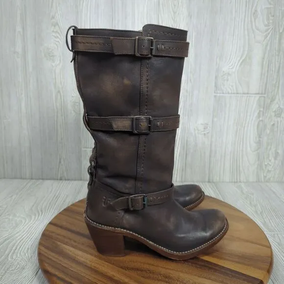 Frye Women’s 9B Western Genuine Leather 3 Strap Heeled Boots Made in Mexico
