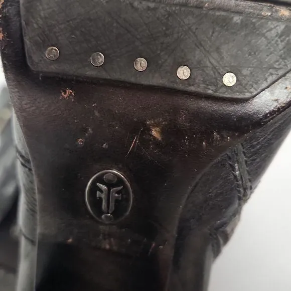 Frye Patty Black Leather Riding Heeled Boots