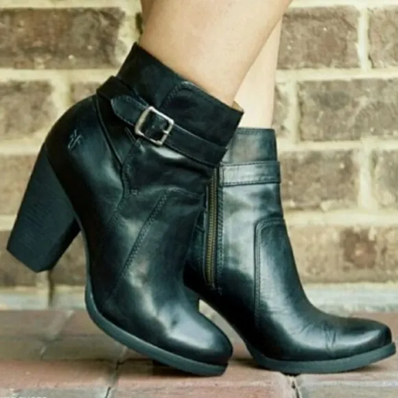 Frye Patty Black Leather Riding Heeled Boots