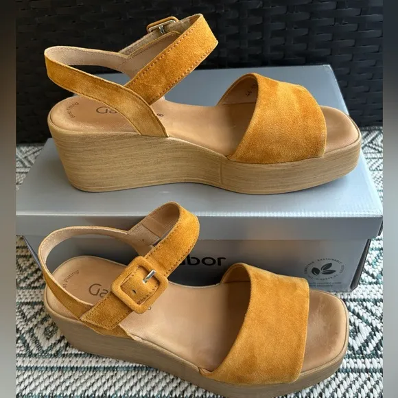 Gabor Buckle Platform Wedges in Cognac