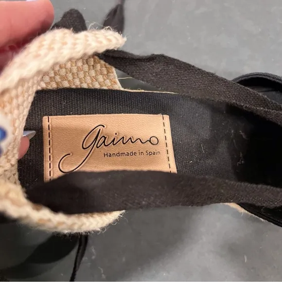 Gaimo sz 38/US 8 black ribbon tie woven espadrille wedges