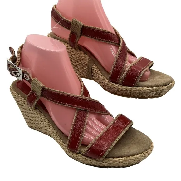Gant Womens 8 Red Leather Espadrille Wedge Sandals Strappy Slingback Coachella