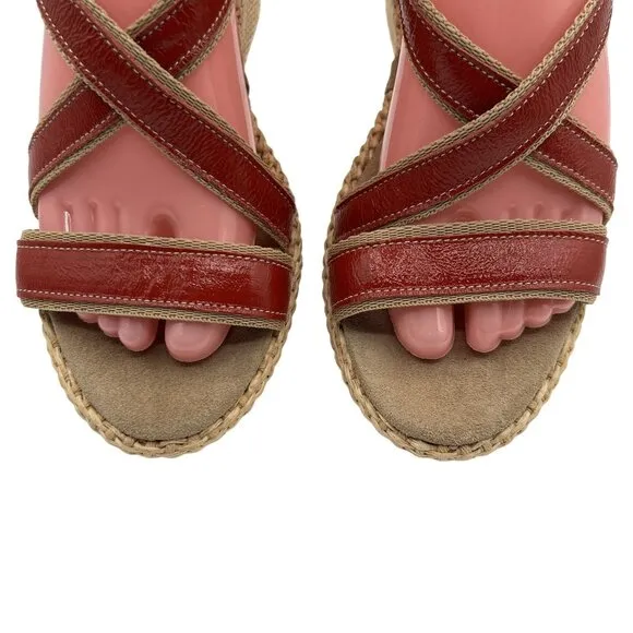 Gant Womens 8 Red Leather Espadrille Wedge Sandals Strappy Slingback Coachella