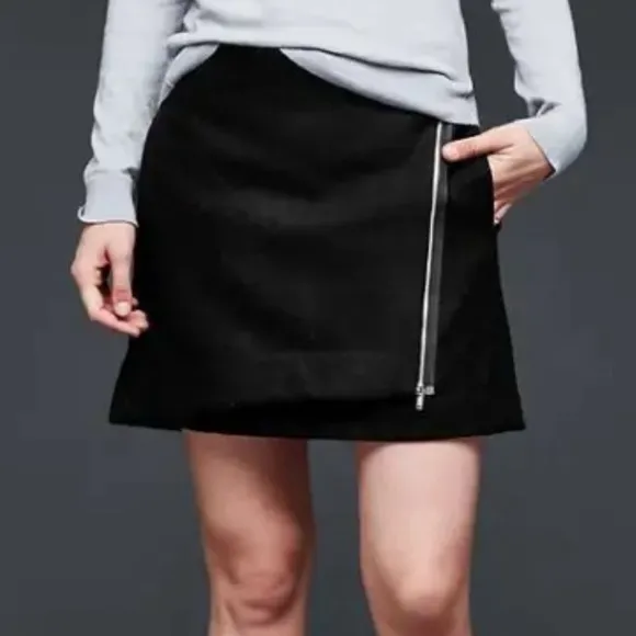 Gap Asymmetrical Zip Front Black Wool Mini Skirt 14 Nwt