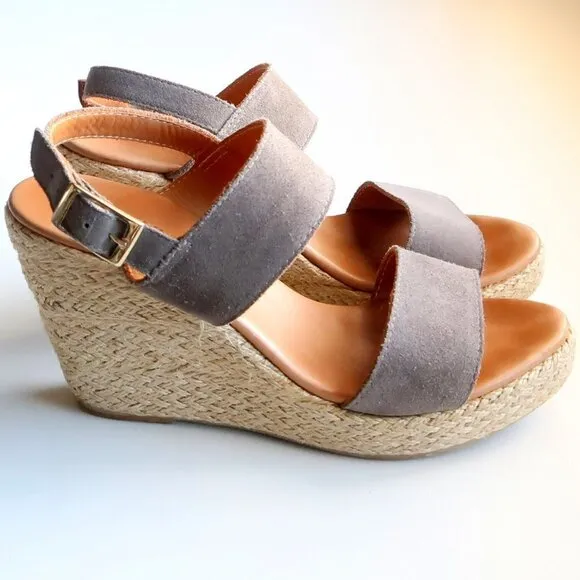 Garnet Hill Military Green Suede Leather Platform Espadrille Wedges Sandals 8