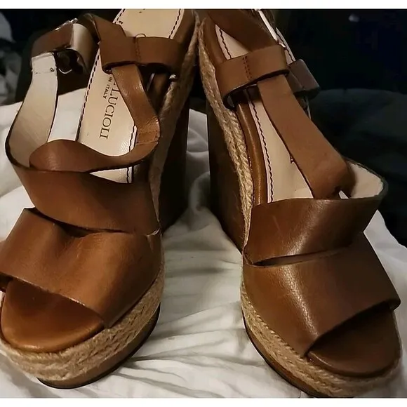 Gastone Lucioli Womens Leather Sandals Wedges Espadrille Brown Camel Size 37 6.5
