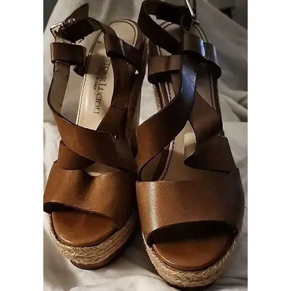 Gastone Lucioli Womens Leather Sandals Wedges Espadrille Brown Camel Size 37 6.5