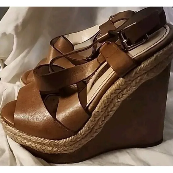 Gastone Lucioli Womens Leather Sandals Wedges Espadrille Brown Camel Size 37 6.5