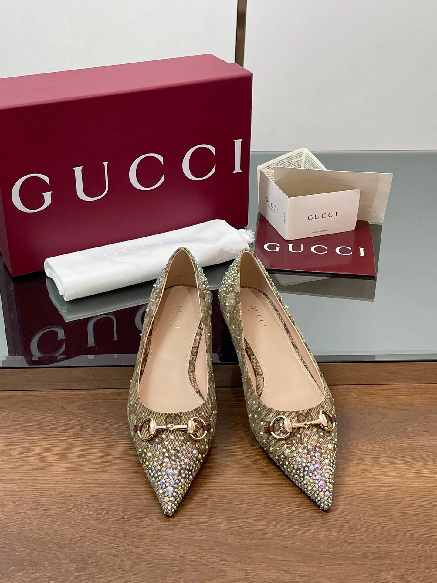 GG Horsebit Ballet Flat Beige Ebony Monogram Canvas Crystal-Embellished