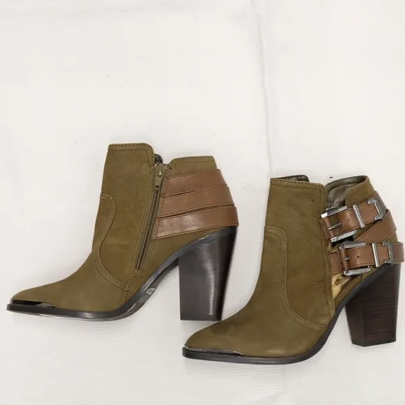 Gianni Bini Leather heeled Boots Strappy Buckle Detail