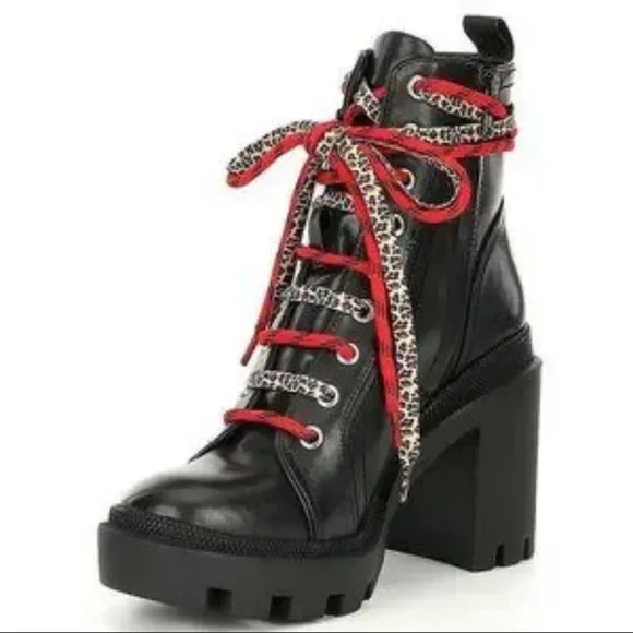 Gianni Bini Ryedderr Leopard Block Heel Combat Boots BlackRed LaceUp 10 NEW