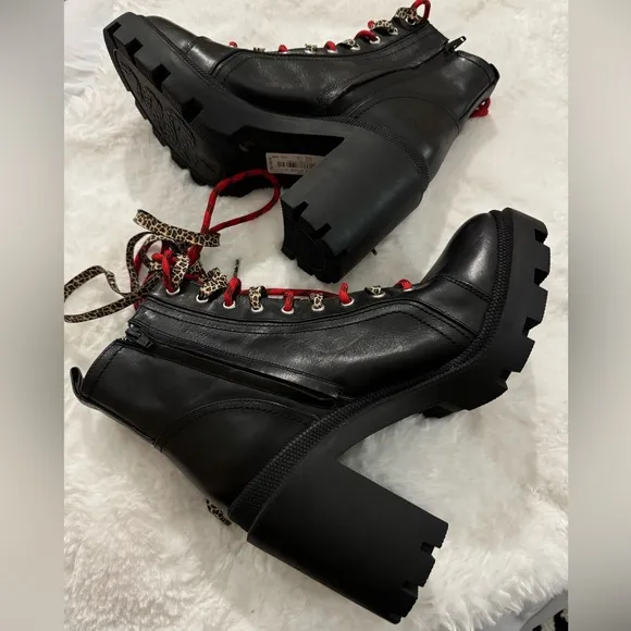 Gianni Bini Ryedderr Leopard Block Heel Combat Boots BlackRed LaceUp 10 NEW