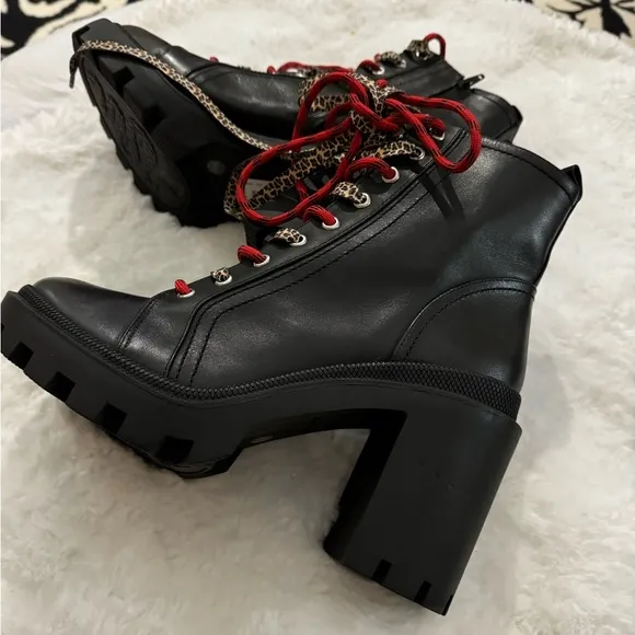 Gianni Bini Ryedderr Leopard Block Heel Combat Boots BlackRed LaceUp 10 NEW