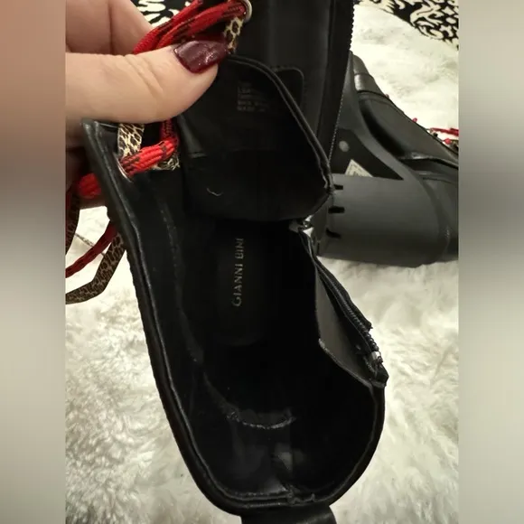 Gianni Bini Ryedderr Leopard Block Heel Combat Boots BlackRed LaceUp 10 NEW